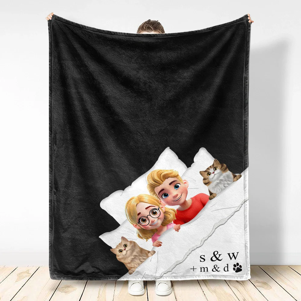 Couple & Pet Blanket, Minimal Monogram - Personalized Fleece Blanket, Sherpa Blanket - Image 3