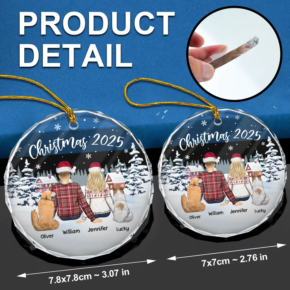 Couple & Pets Christmas - Personalized Circle Glass Ornament - Image 6