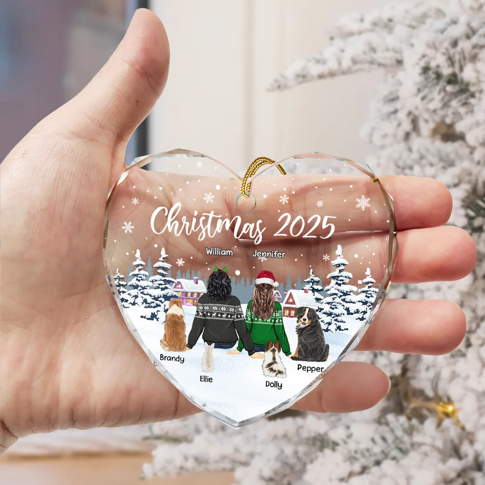 Couple & Pets Christmas - Personalized Heart Shaped Glass Ornament - Image 3
