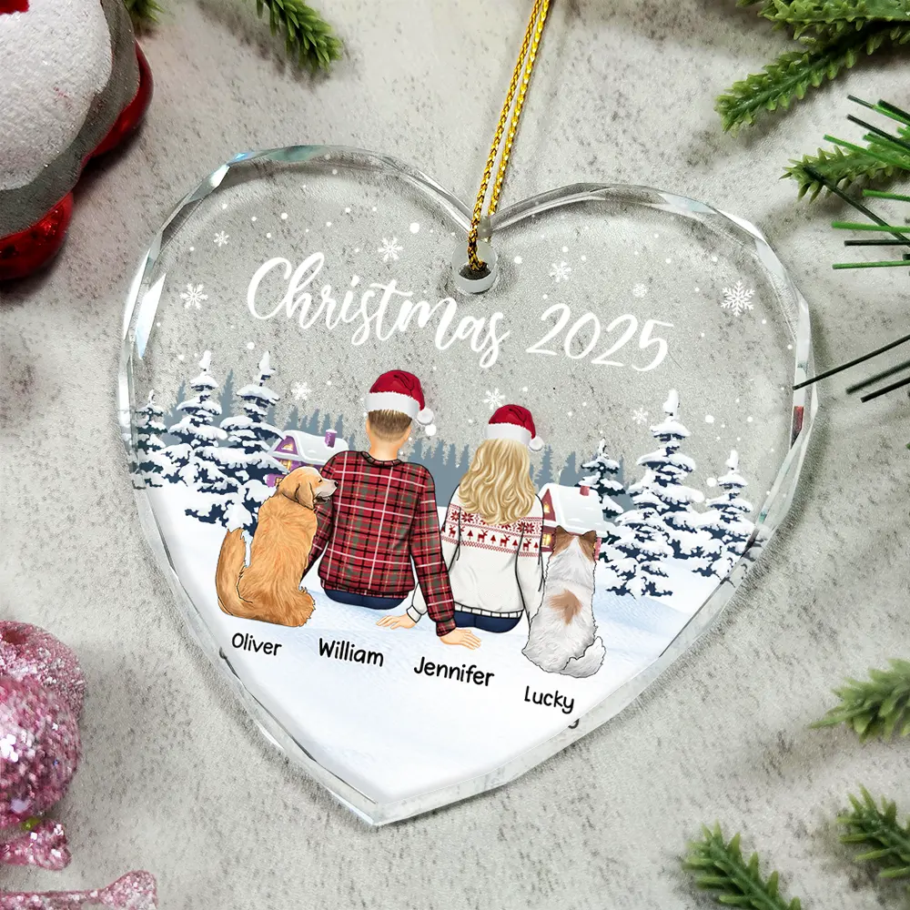 Couple & Pets Christmas - Personalized Heart Shaped Glass Ornament - Image 4