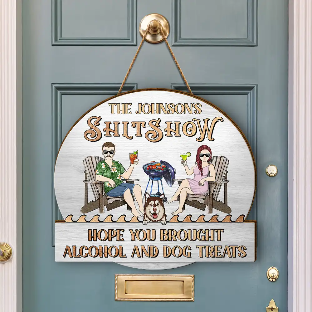 Couple Pool & Patio Bar Hope You Brought Alcohol & Dog Treats - Personalized Custom Shaped Wood Sign - Image 3