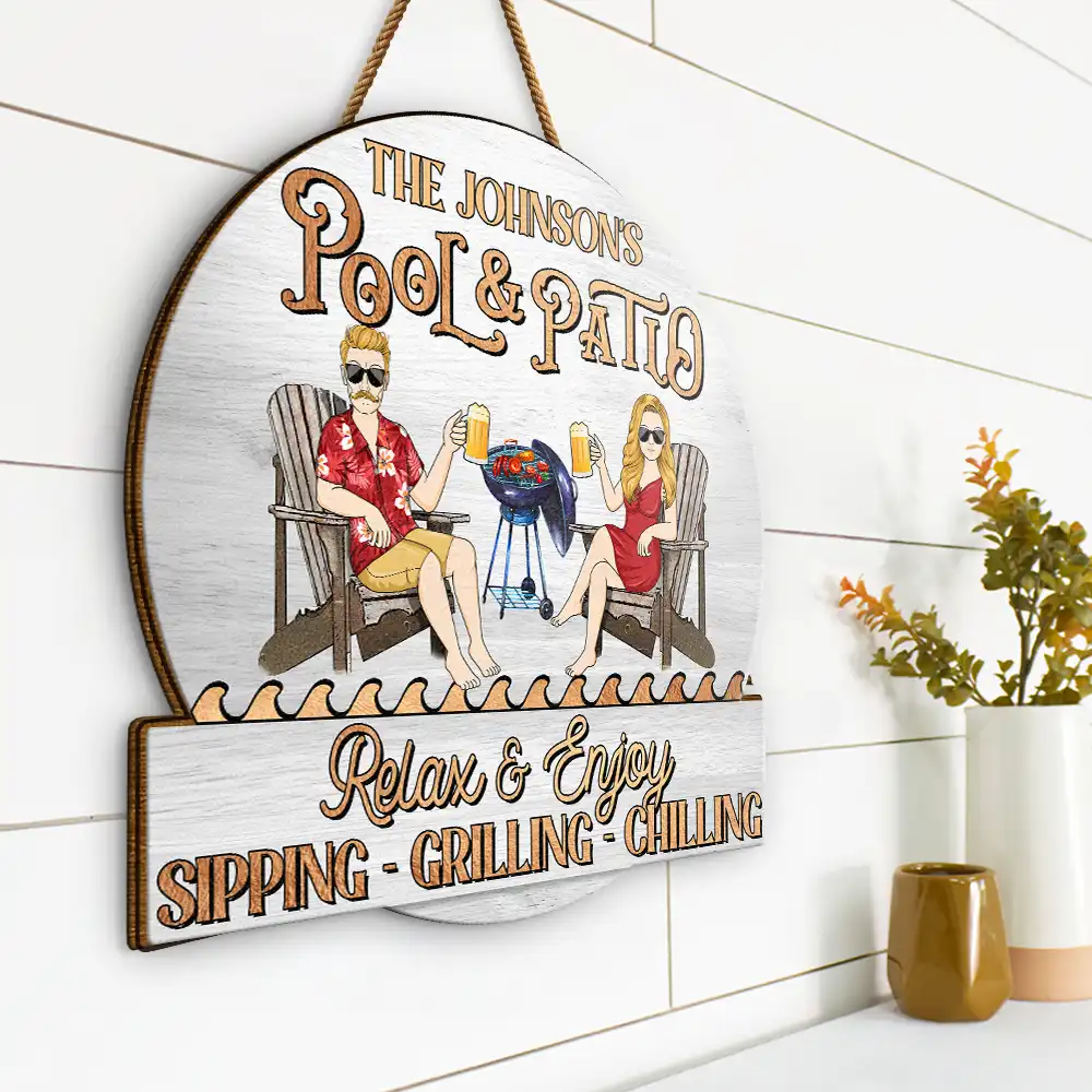 Couple Pool & Patio Sipping Chilling - Personalized Custom Shaped Wood Sign - Image 2