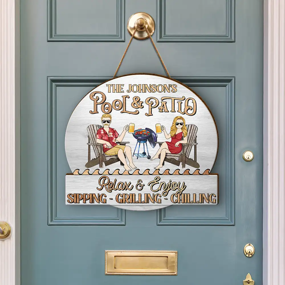 Couple Pool & Patio Sipping Chilling - Personalized Custom Shaped Wood Sign - Image 3
