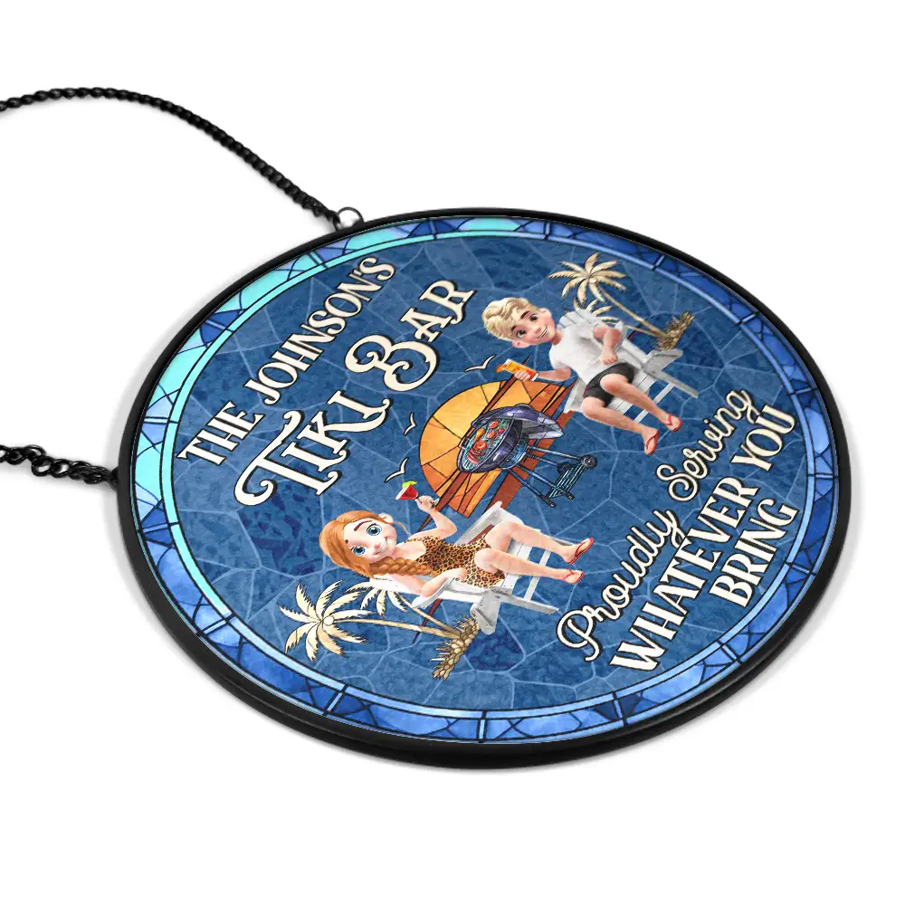Couple Pool & Patio Sipping Chilling - Personalized Stained Glass Window Hanging Suncatcher - Image 2