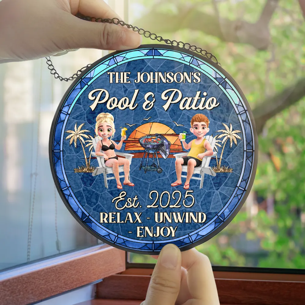 Couple Pool & Patio Sipping Chilling - Personalized Stained Glass Window Hanging Suncatcher - Image 4