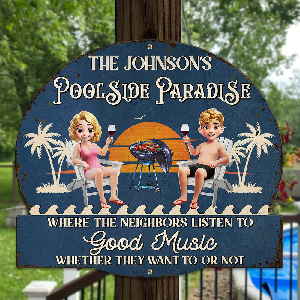 Couple Poolside Paradise - Personalized Custom Shaped Metal Sign