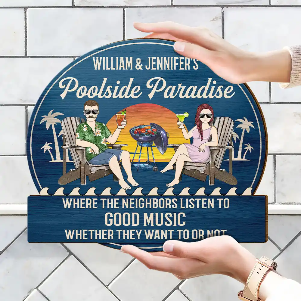 Couple Poolside Paradise - Personalized Custom Shaped Wood Sign - Image 4