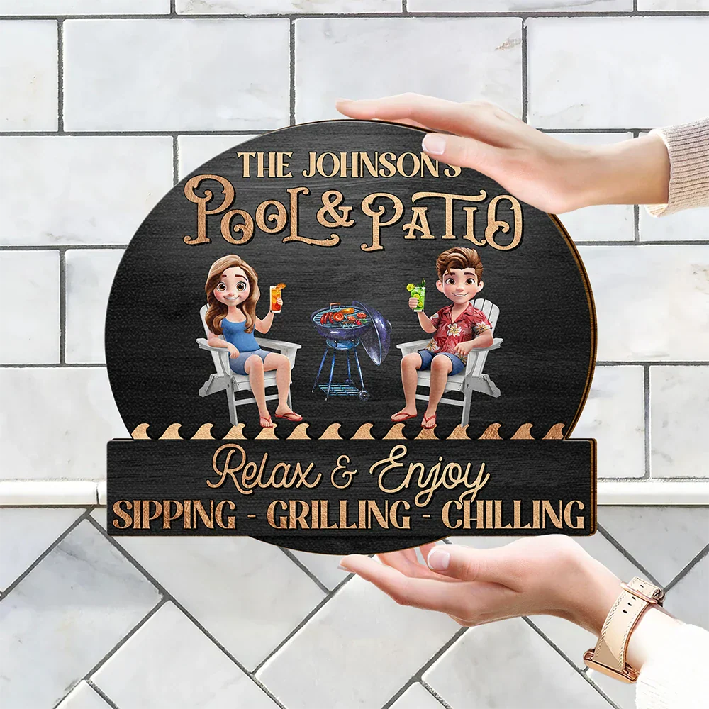 Couple Poolside Paradise Relax Enjoy 3D Effect - Personalized Custom Shaped Wood Sign - Image 4