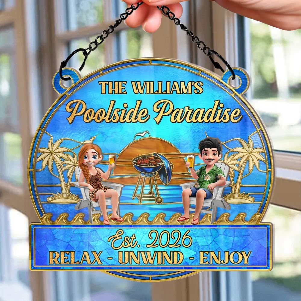 Couple Poolside Paradise Relax Enjoy Stained Glass Effect - Personalized Window Hanging Suncatcher Ornament - Image 2