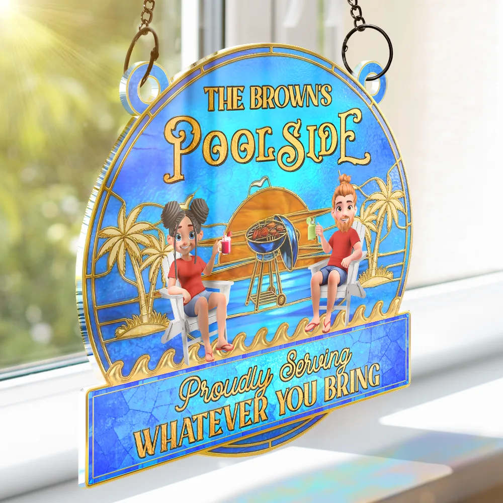 Couple Poolside Paradise Relax Enjoy Stained Glass Effect - Personalized Window Hanging Suncatcher Ornament - Image 3