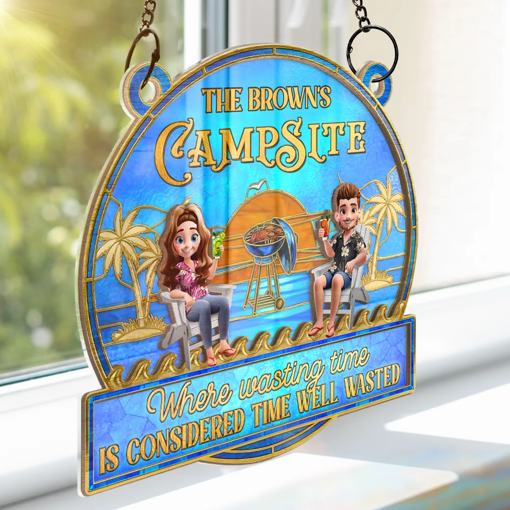 Couple Poolside Paradise Relax Enjoy Stained Glass Effect - Personalized Window Hanging Suncatcher Ornament - Image 4