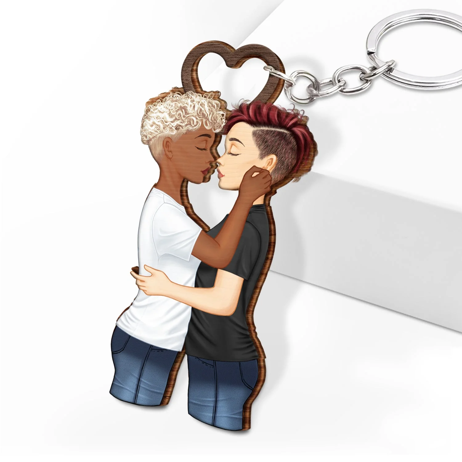 Couple Side View I Choose You - Gift For Couples - Personalized Cutout Wooden Keychain 2 Sides - Image 2