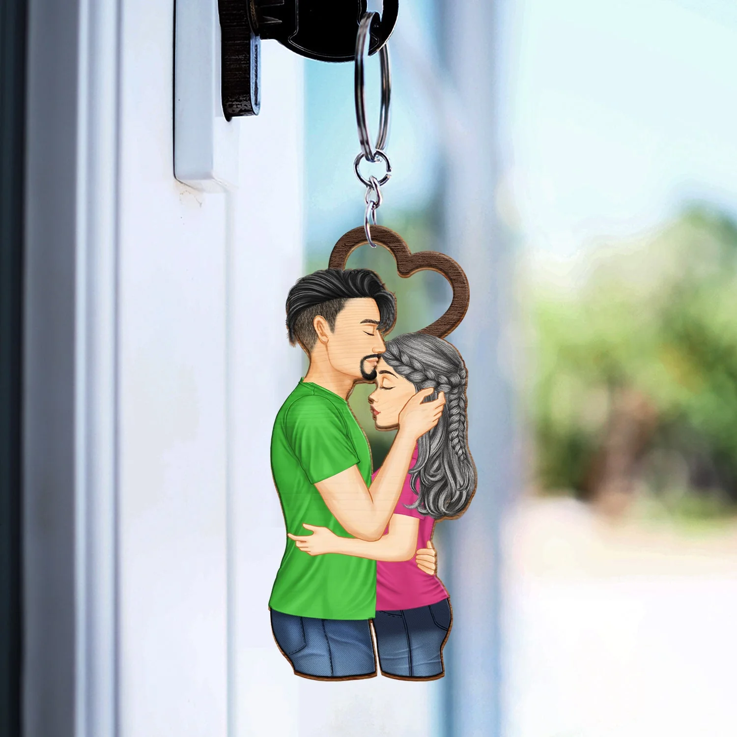 Couple Side View I Choose You - Gift For Couples - Personalized Cutout Wooden Keychain 2 Sides - Image 3