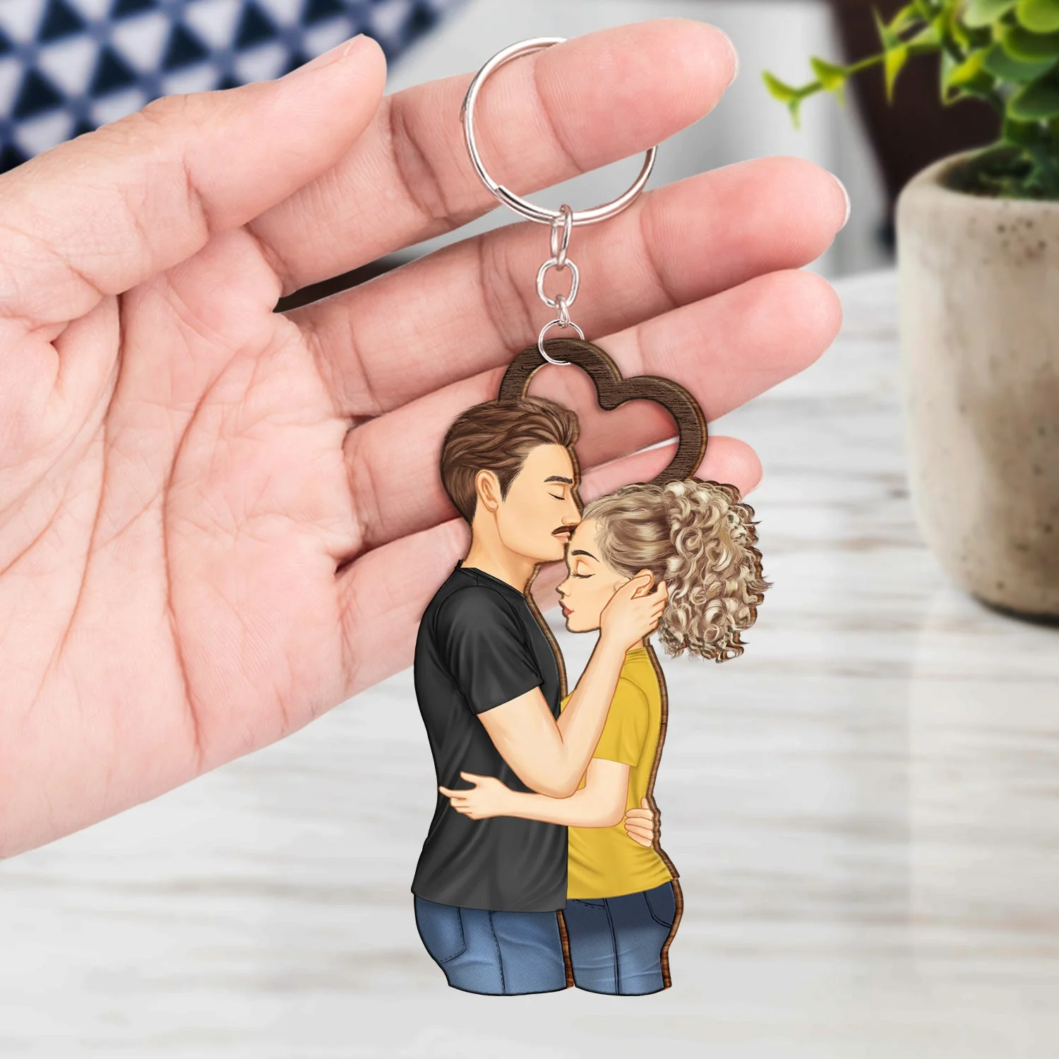 Couple Side View I Choose You - Gift For Couples - Personalized Cutout Wooden Keychain 2 Sides - Image 4
