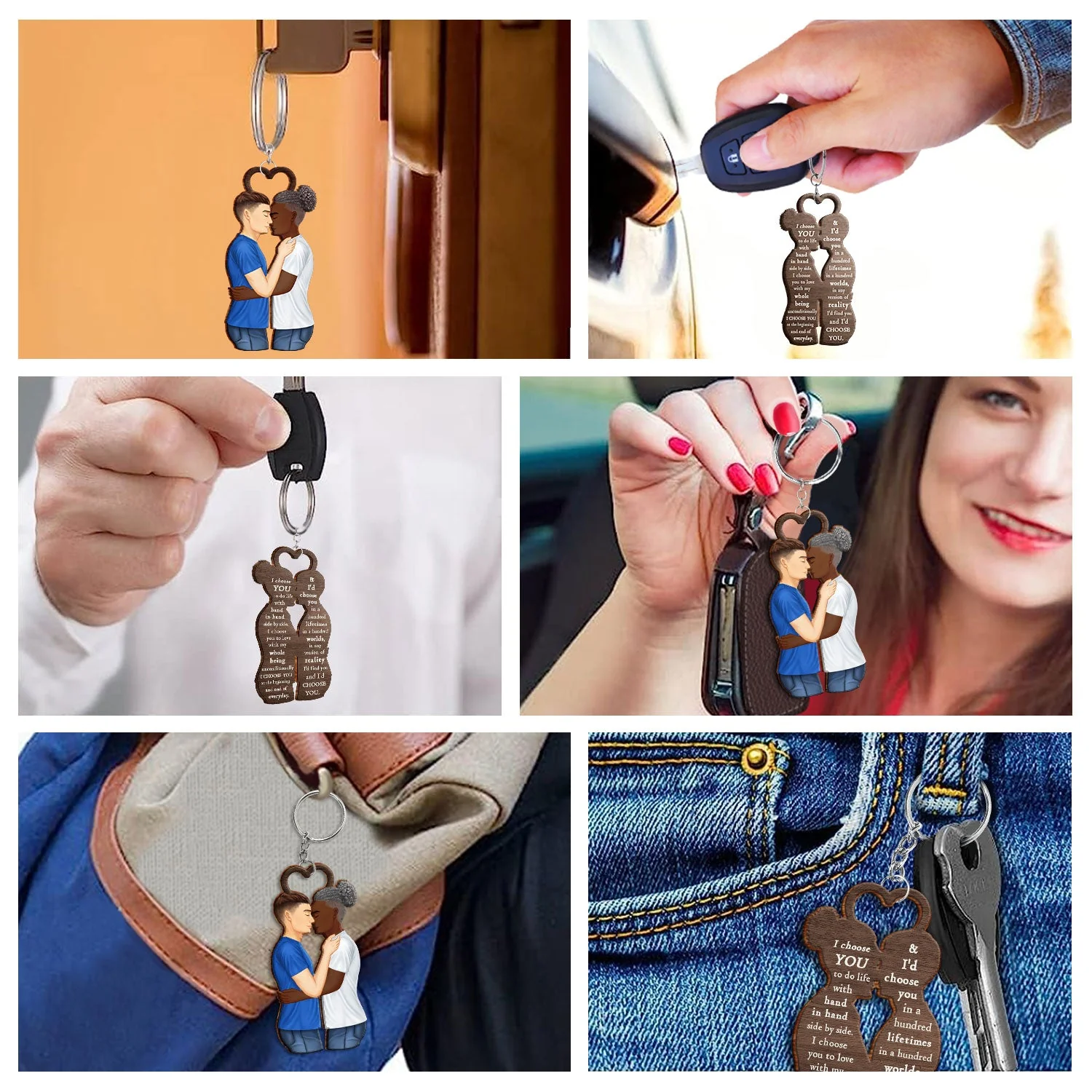 Couple Side View I Choose You - Gift For Couples - Personalized Cutout Wooden Keychain 2 Sides - Image 6