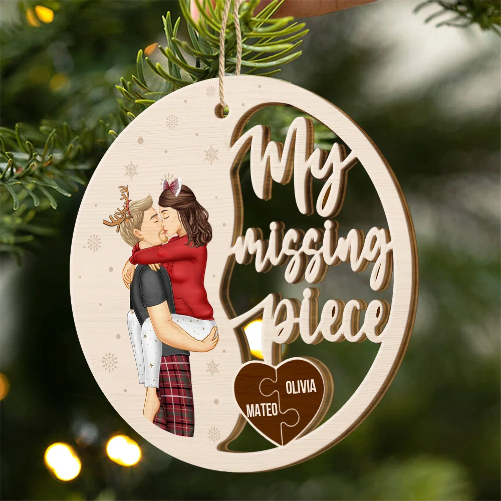 Couple Side View Kissing My Missing Piece - Personalized Custom Shaped Wooden Ornament - Image 2
