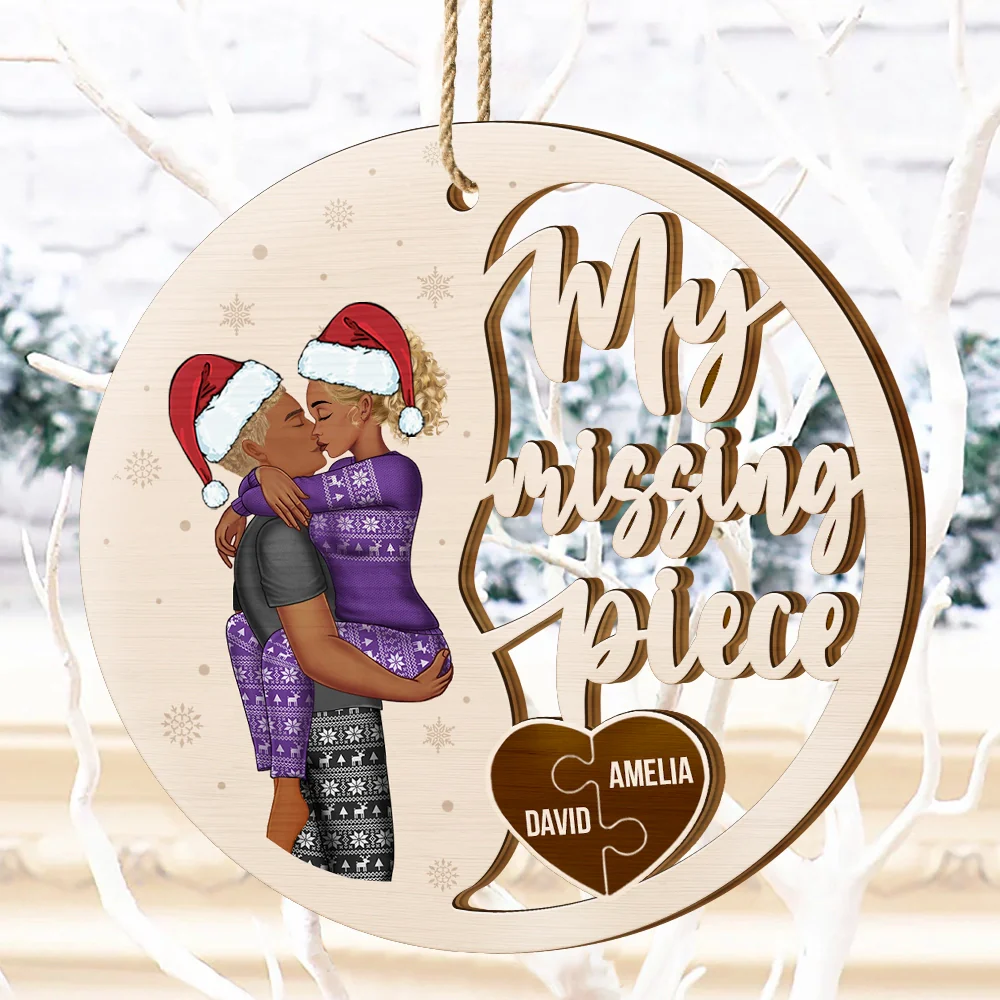 Couple Side View Kissing My Missing Piece - Personalized Custom Shaped Wooden Ornament - Image 4