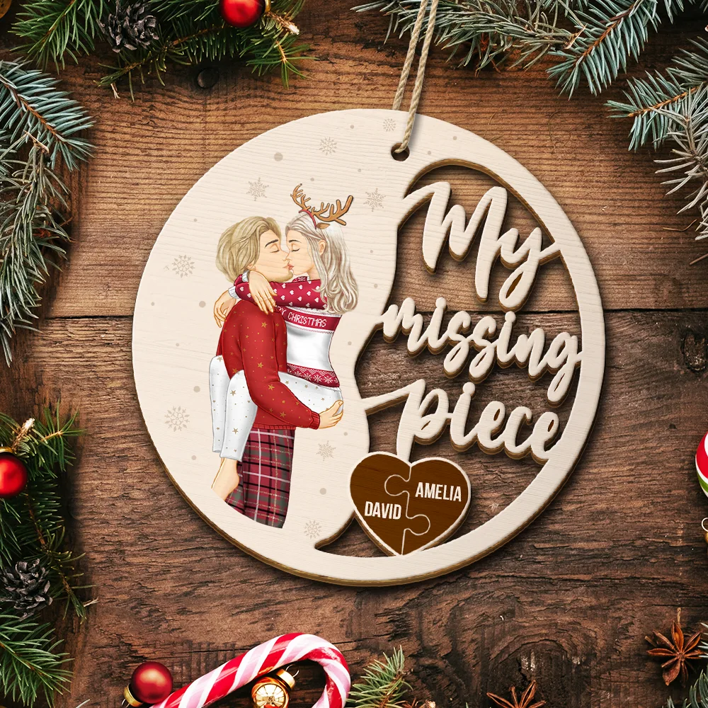 Couple Side View Kissing My Missing Piece - Personalized Custom Shaped Wooden Ornament - Image 5