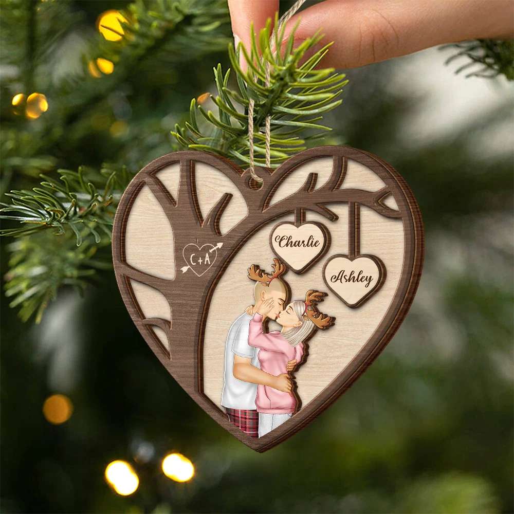 Couple Side View Kissing Under Tree - Personalized 2-Layered Wooden Ornament - Image 2