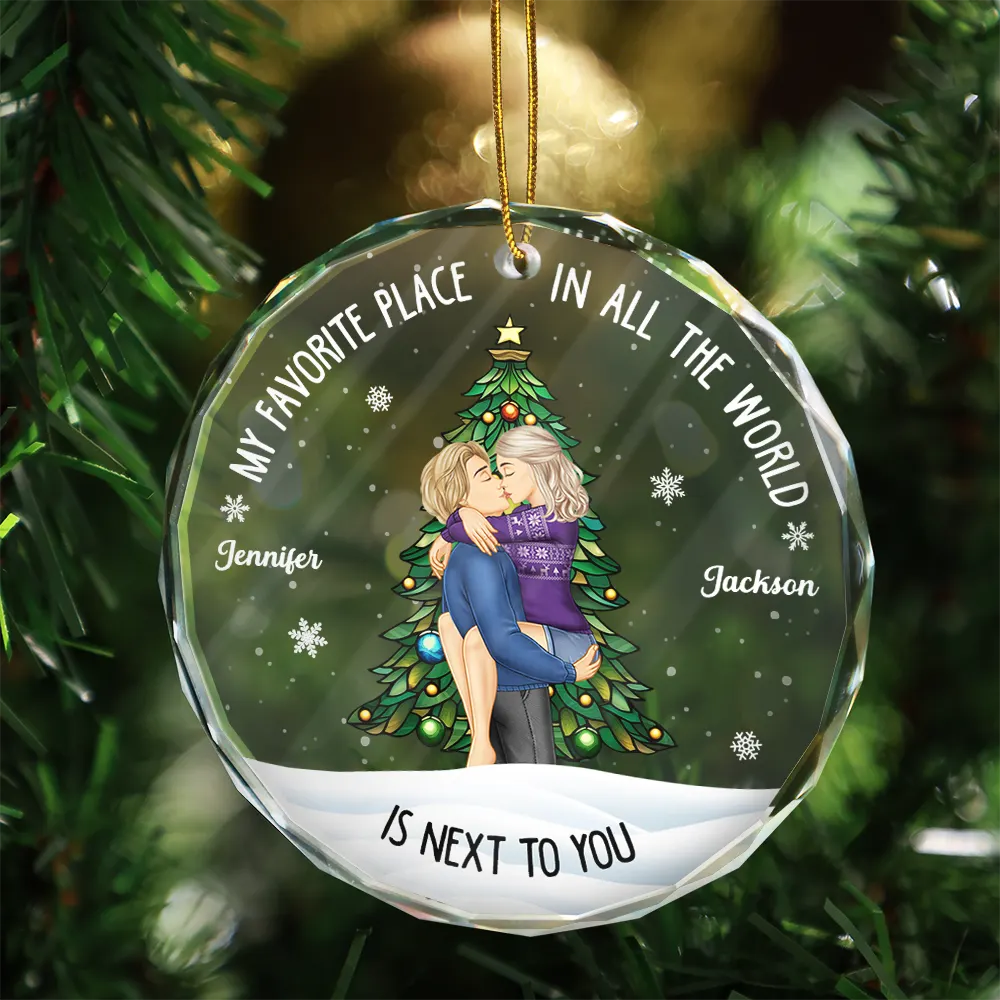 Couple Sideview My Favorite Place In The World - Personalized Glass Ornament - Image 3