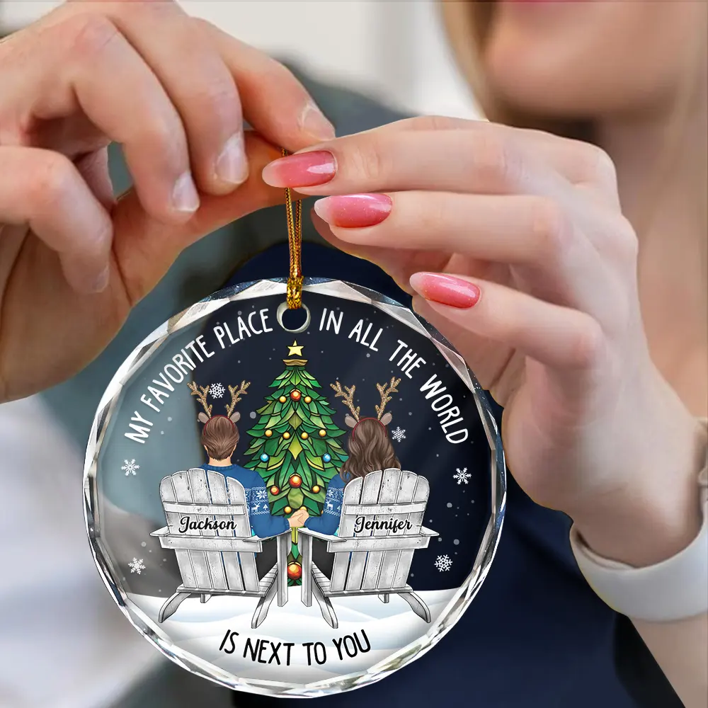 Couple Sitting Christmas Favorite Place In All The World - Personalized Circle Glass Ornament - Image 4