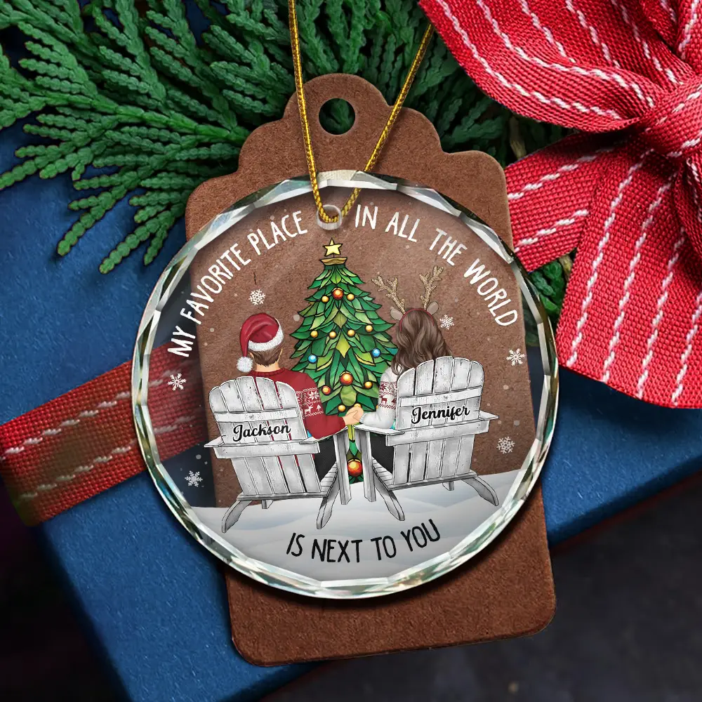 Couple Sitting Christmas Favorite Place In All The World - Personalized Circle Glass Ornament - Image 5
