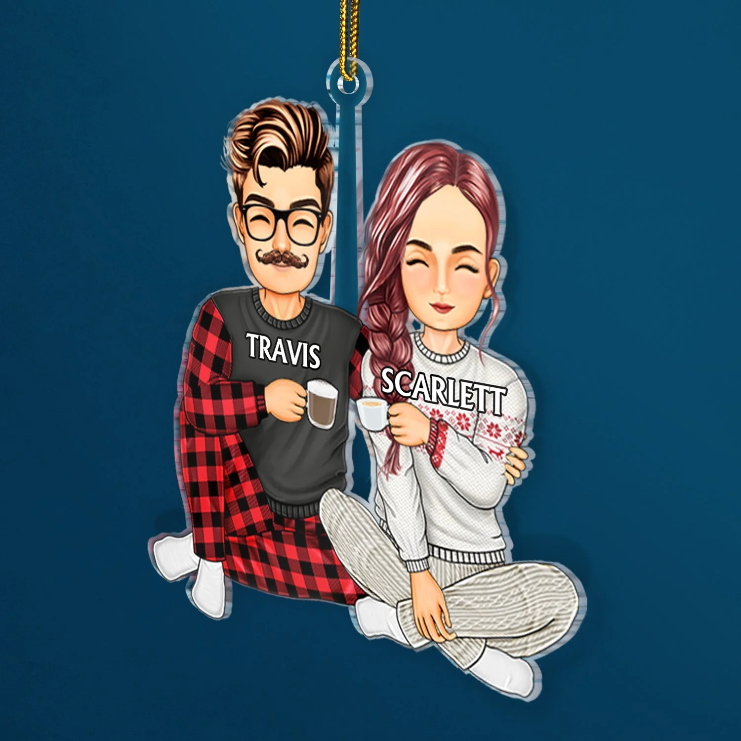 Couple Sitting Drink Together - Christmas Gift For Husband And Wife - Personalized Cutout Acrylic Ornament - Image 2
