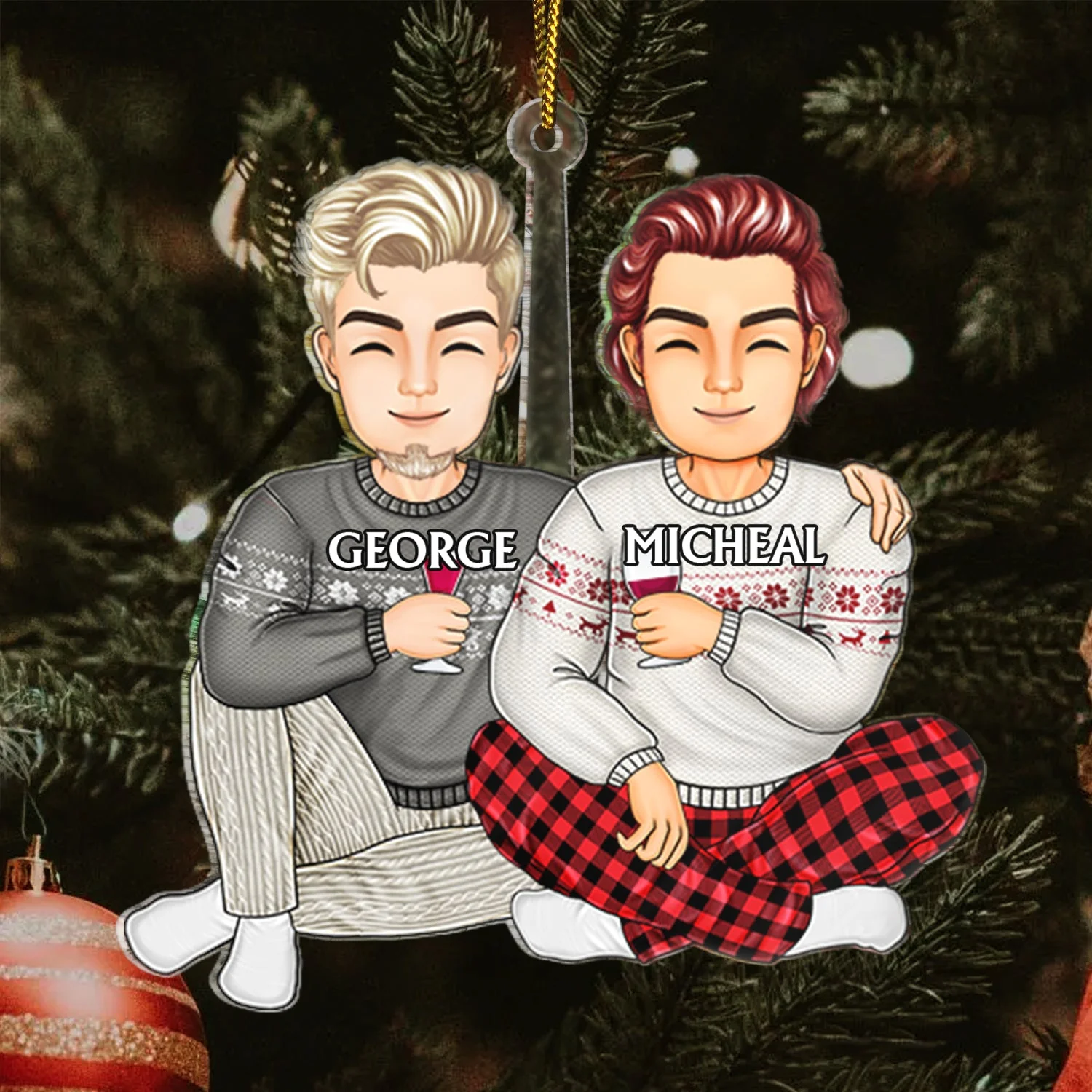 Couple Sitting Drink Together - Christmas Gift For Husband And Wife - Personalized Cutout Acrylic Ornament - Image 3