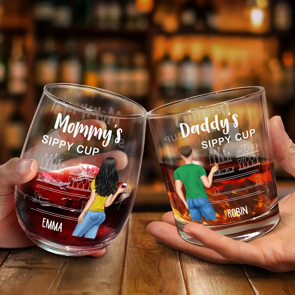 Couple Wifey Hubby's Sippy Cup - Personalized Combo Wine & Whiskey Glass - Image 2