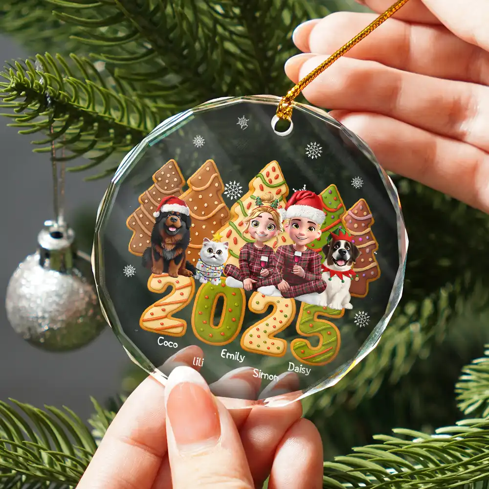 Couple With Kids & Pet Cake Cookie Tree - Personalized Circle Glass Ornament - Image 2