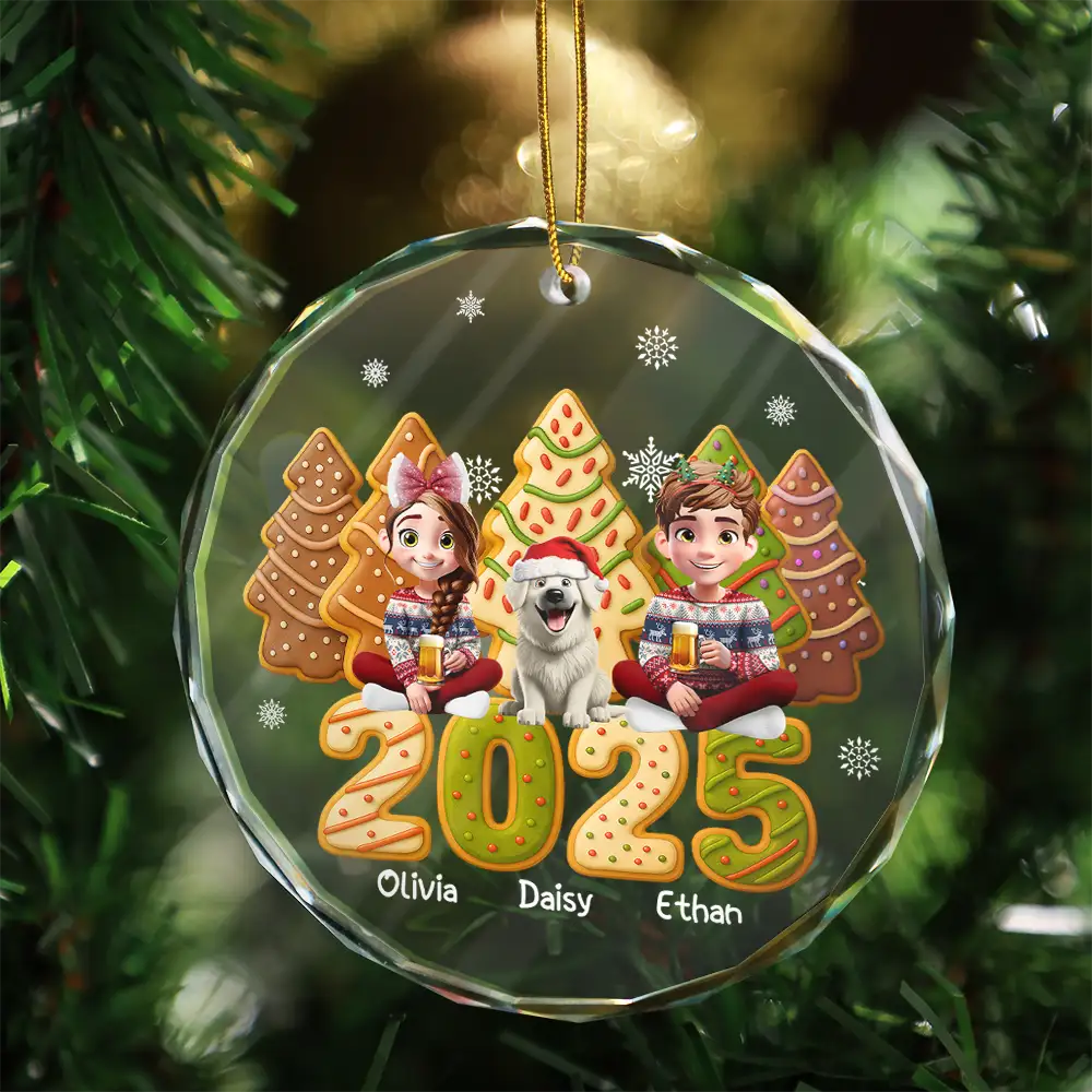 Couple With Kids & Pet Cake Cookie Tree - Personalized Circle Glass Ornament - Image 3
