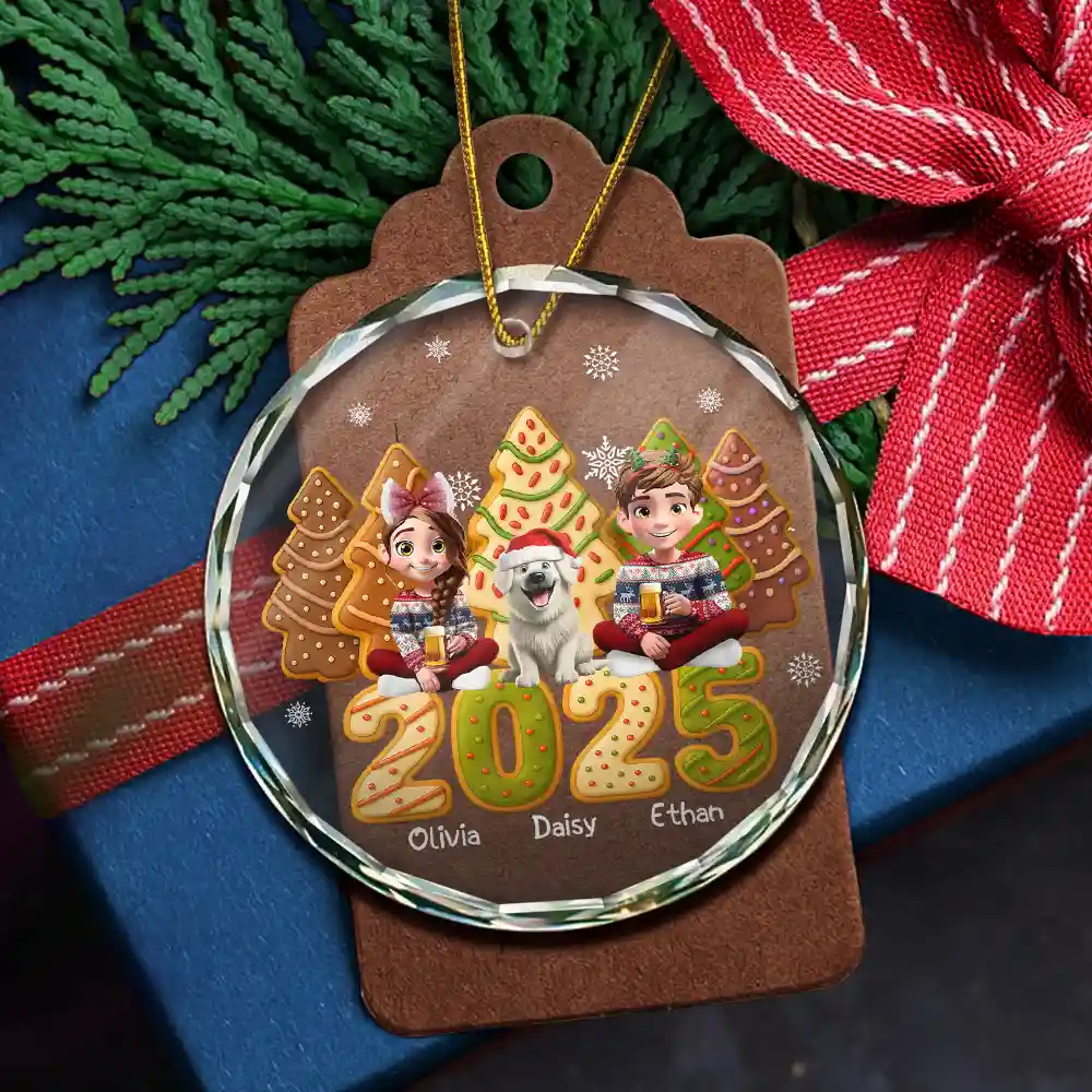 Couple With Kids & Pet Cake Cookie Tree - Personalized Circle Glass Ornament - Image 5