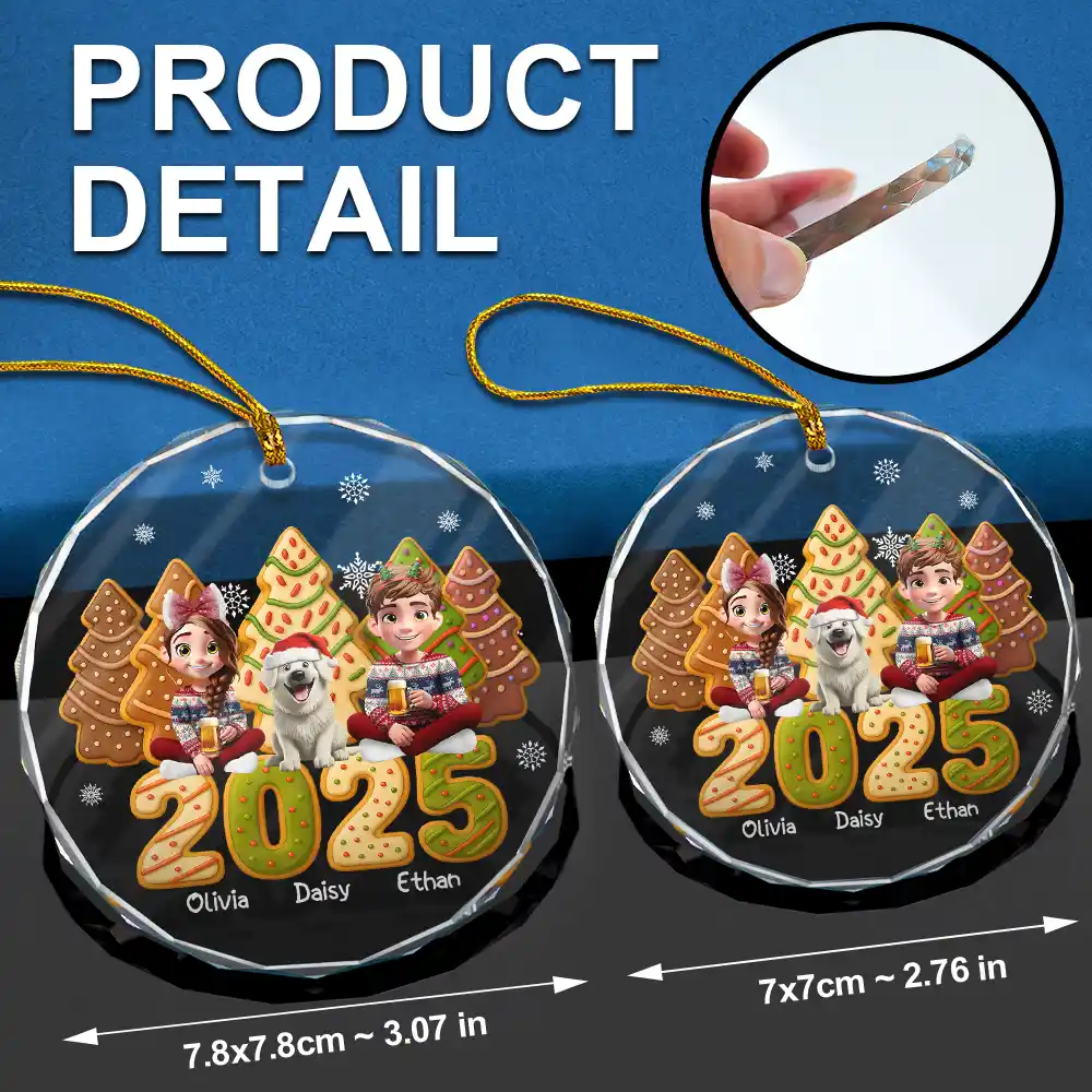 Couple With Kids & Pet Cake Cookie Tree - Personalized Circle Glass Ornament - Image 6