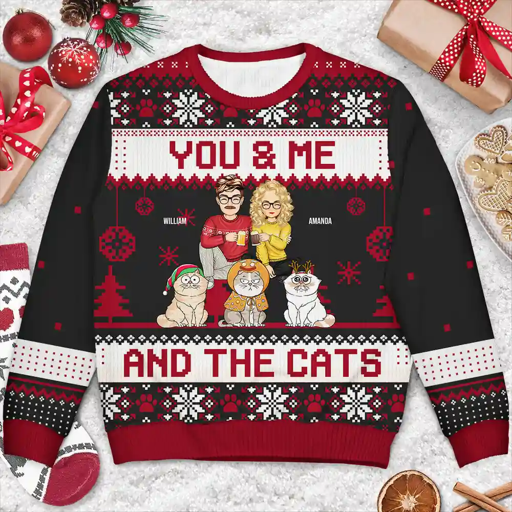 Couple You & Me And The Cats Cartoon Style - Anniversary, Christmas Gift For Cat Lovers, Couples - Personalized Unisex Ugly Sweater - Image 3