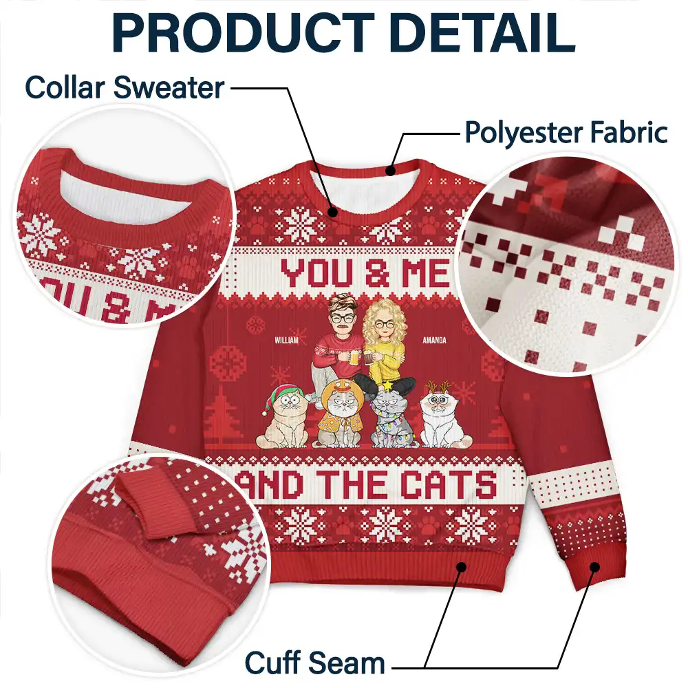 Couple You & Me And The Cats Cartoon Style - Anniversary, Christmas Gift For Cat Lovers, Couples - Personalized Unisex Ugly Sweater - Image 6