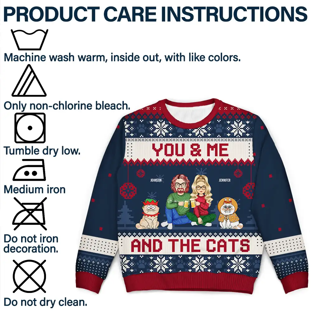 Couple You & Me And The Cats Cartoon Style - Anniversary, Christmas Gift For Cat Lovers, Couples - Personalized Unisex Ugly Sweater - Image 7