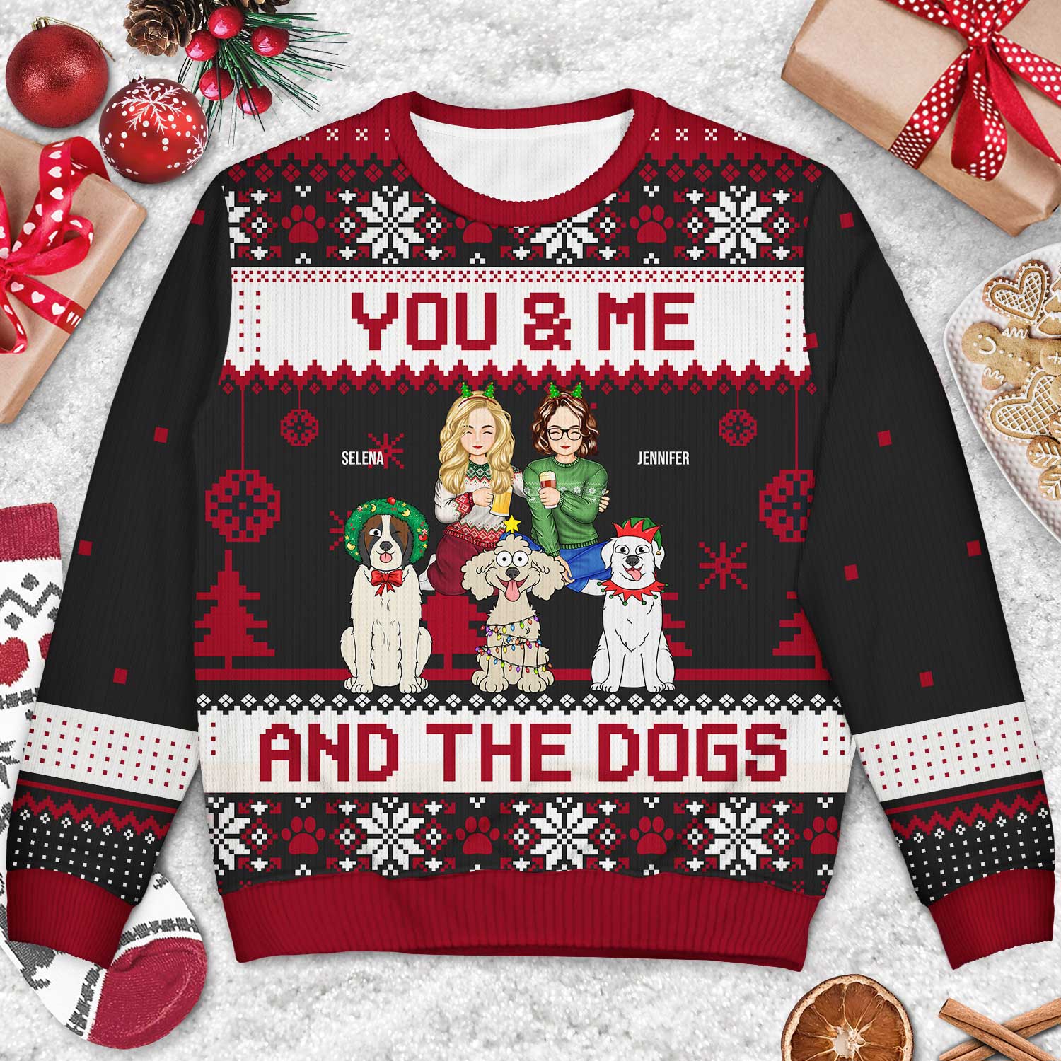 Couple You & Me And The Dogs Cartoon Style - Anniversary, Christmas Gift For Dog Lovers, Couples - Personalized Unisex Ugly Sweater - Image 3