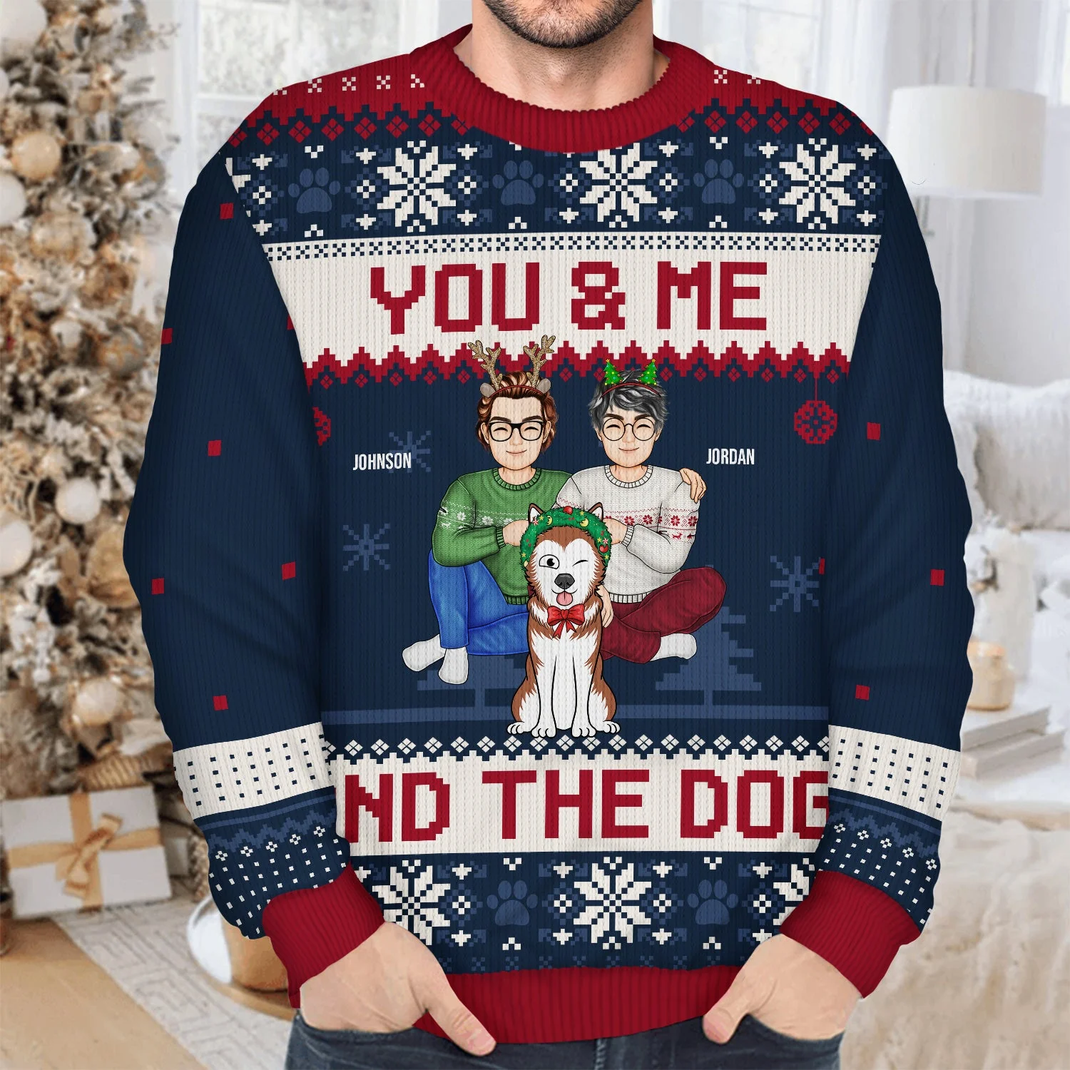 Couple You & Me And The Dogs Cartoon Style - Anniversary, Christmas Gift For Dog Lovers, Couples - Personalized Unisex Ugly Sweater - Image 4