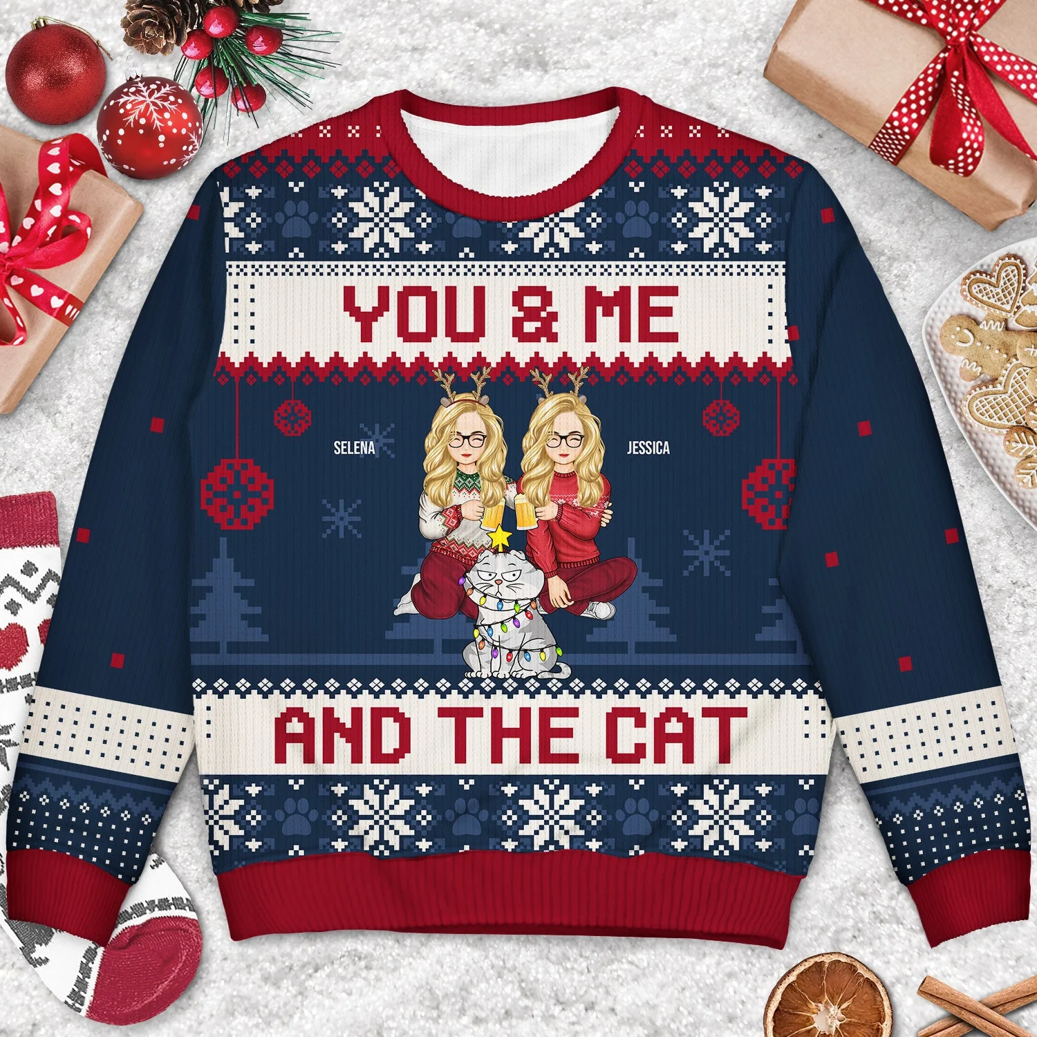 Couple You & Me And The Fur Babies Cartoon Style - Christmas Gift For Pet Lovers, Dog Lovers, Cat Lovers - Personalized Unisex Ugly Sweater - Image 3