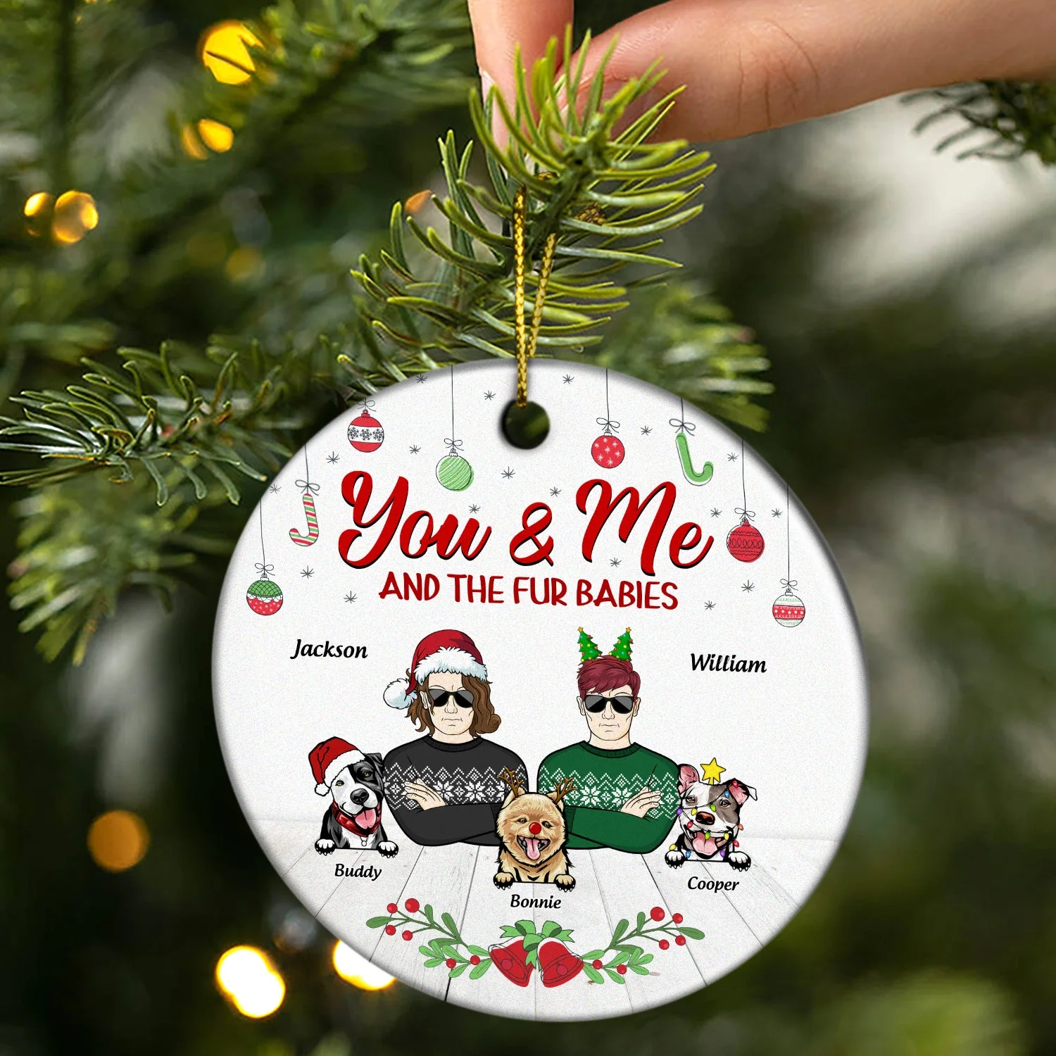 Couple You & Me And The Fur Babies - Christmas Gift For Dog & Cat Lovers - Personalized Custom Circle Ceramic Ornament - Image 2
