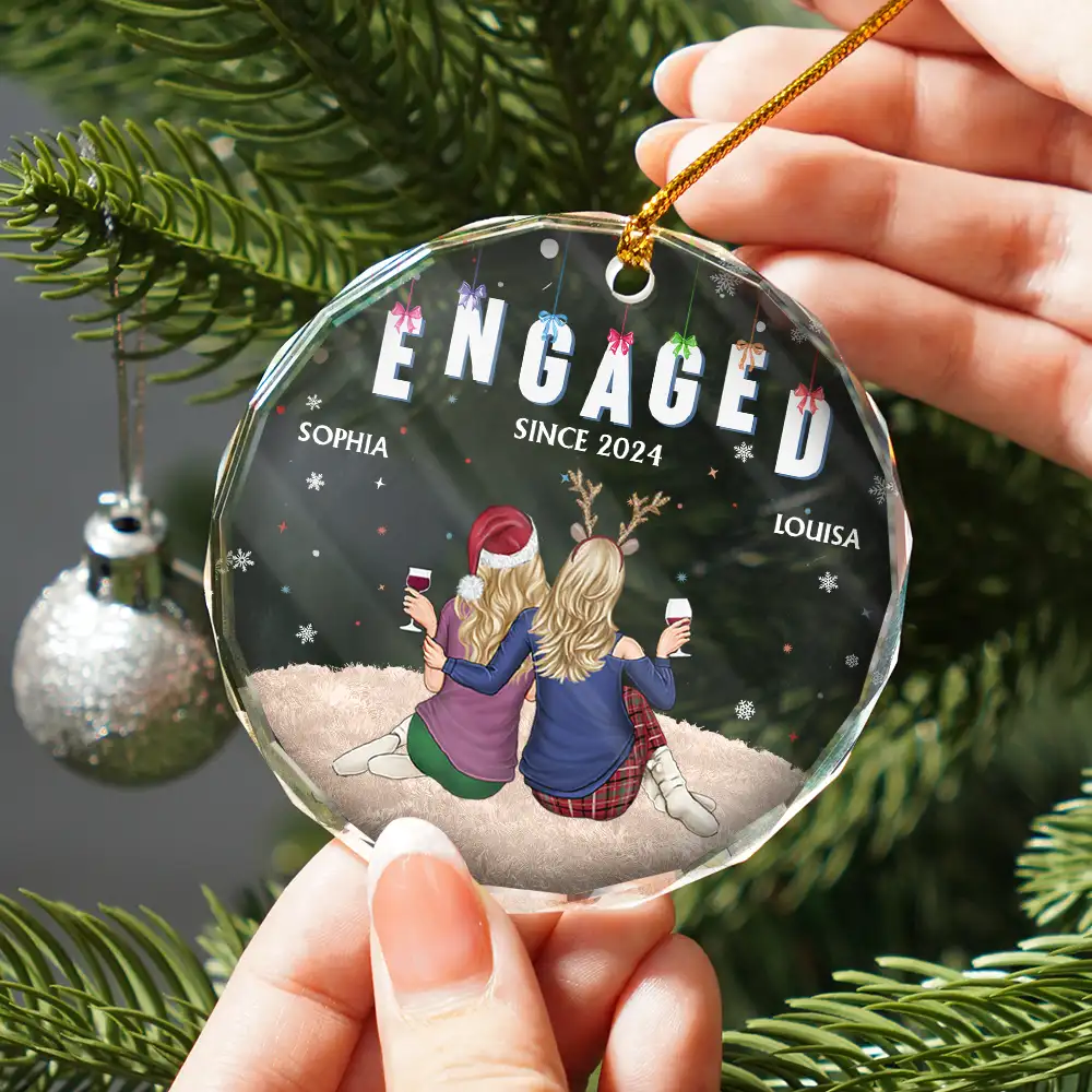 Couples Together Engaged Married - Personalized Circle Glass Ornament - Image 2