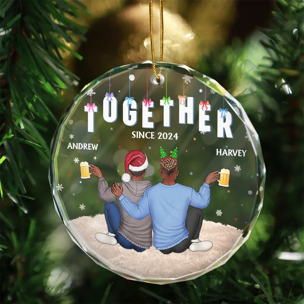 Couples Together Engaged Married - Personalized Circle Glass Ornament - Image 3