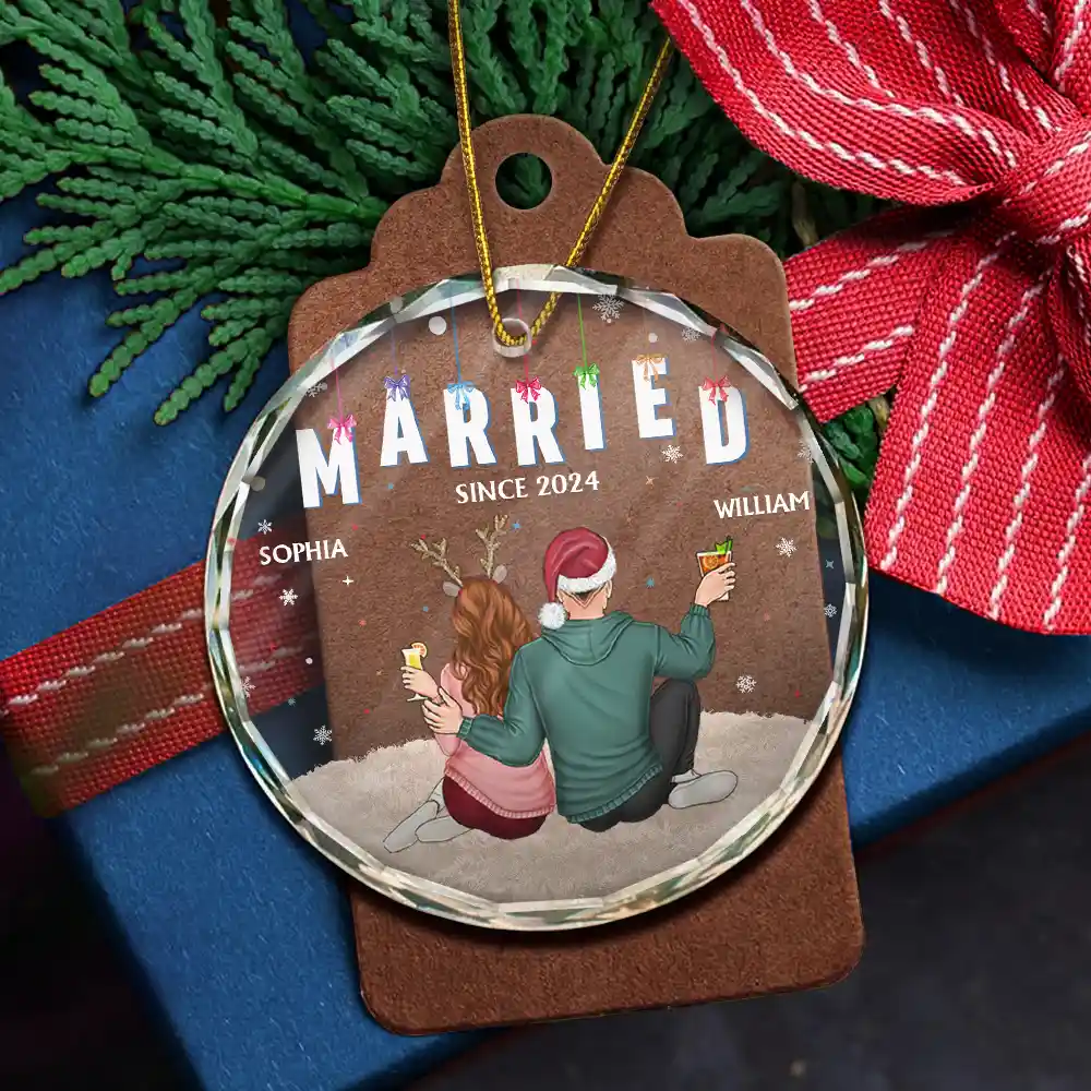 Couples Together Engaged Married - Personalized Circle Glass Ornament - Image 5