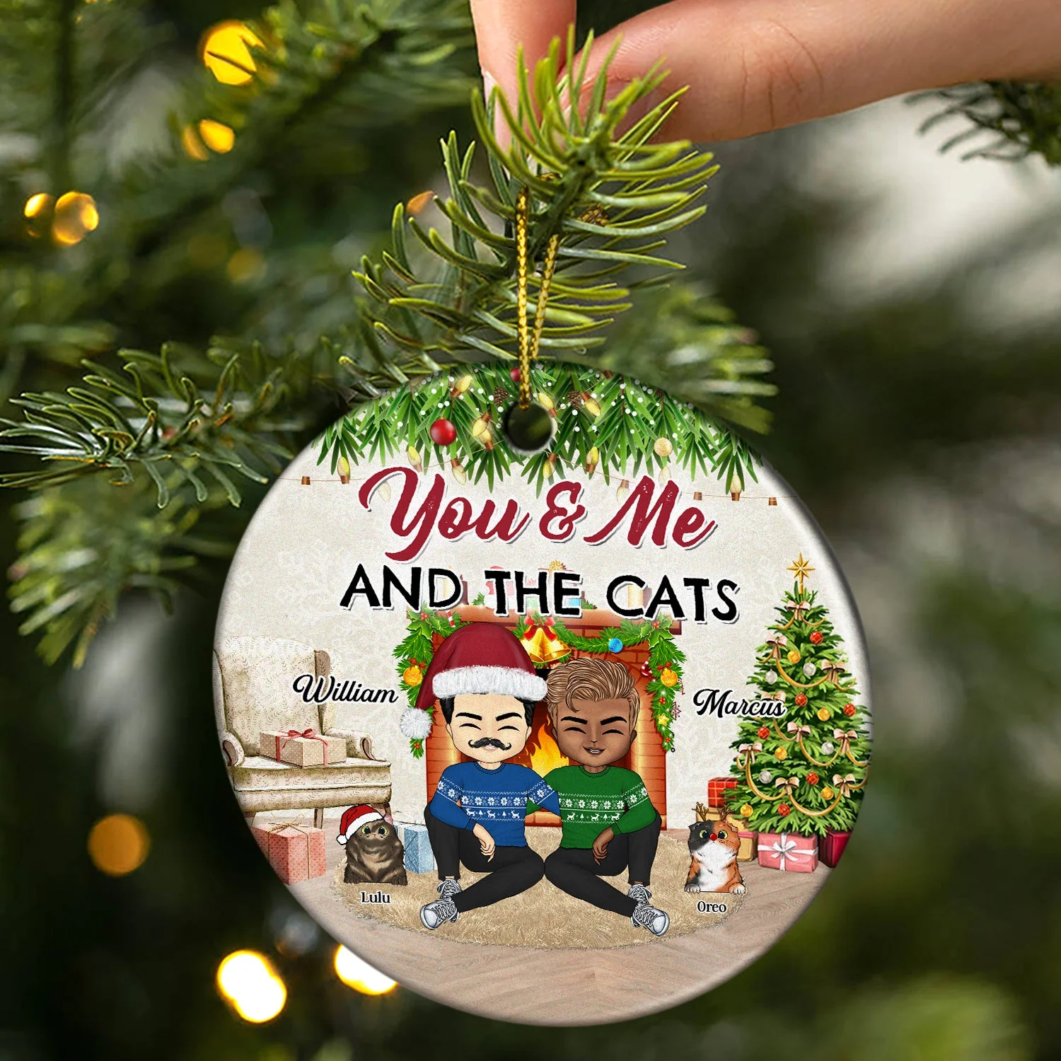 Couples You & Me And The Fur Babies - Christmas Gift For Dog Lovers And Cat Lovers - Personalized Custom Circle Ceramic Ornament - Image 2