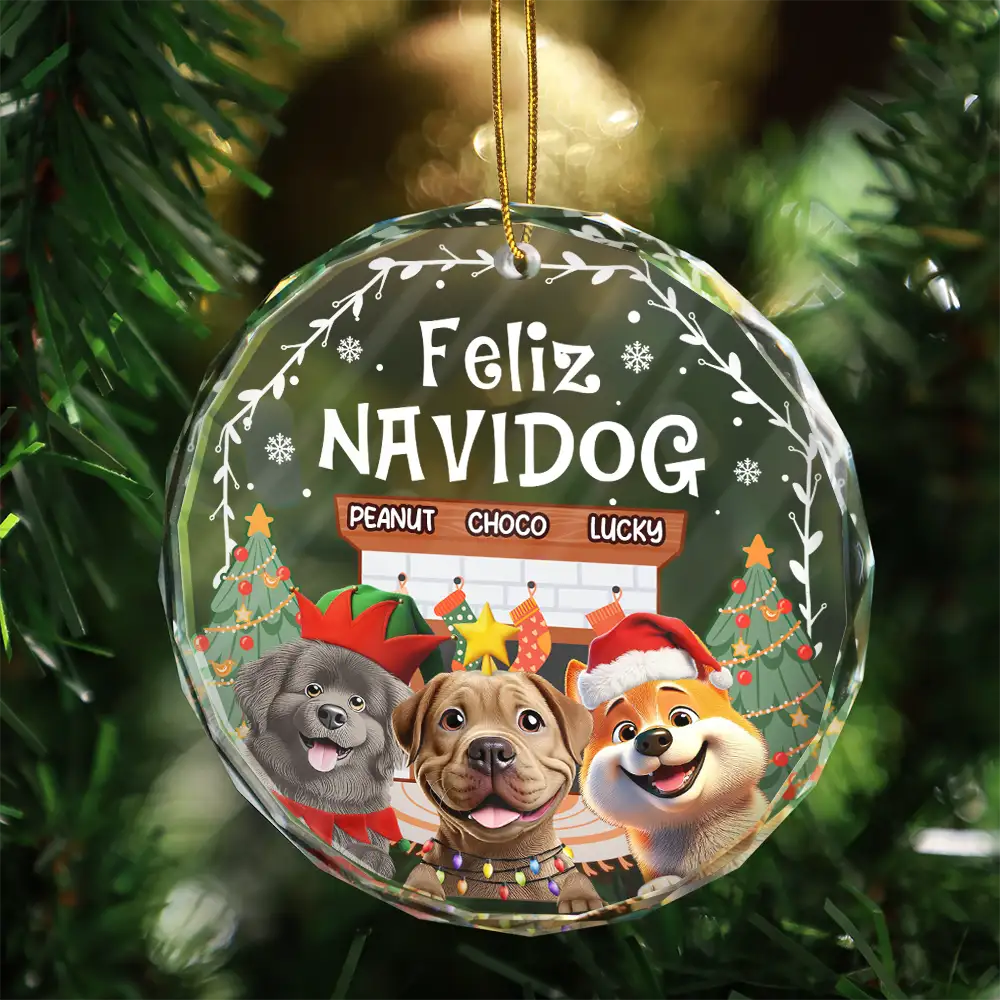 Cozy Room Feliz Navidog 3D Effect Dog - Personalized Circle Glass Ornament - Image 3
