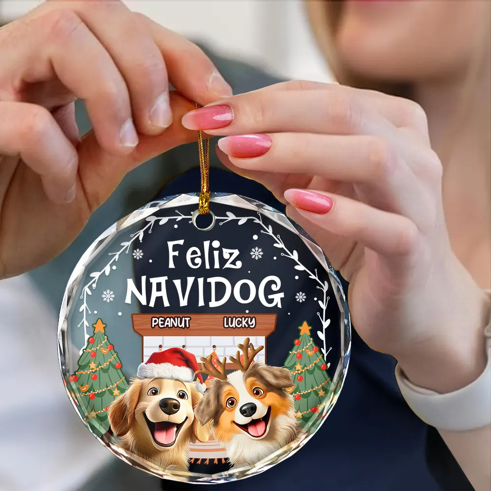 Cozy Room Feliz Navidog 3D Effect Dog - Personalized Circle Glass Ornament - Image 4