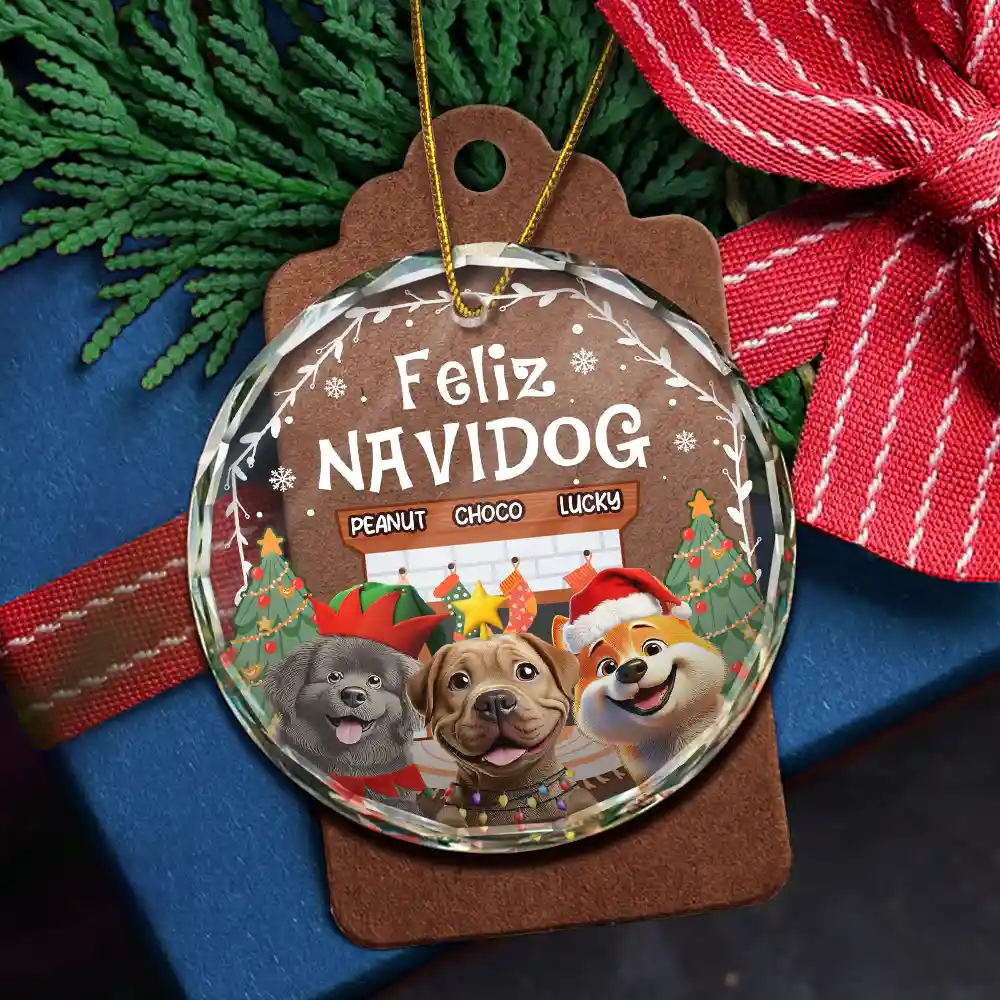 Cozy Room Feliz Navidog 3D Effect Dog - Personalized Circle Glass Ornament - Image 5