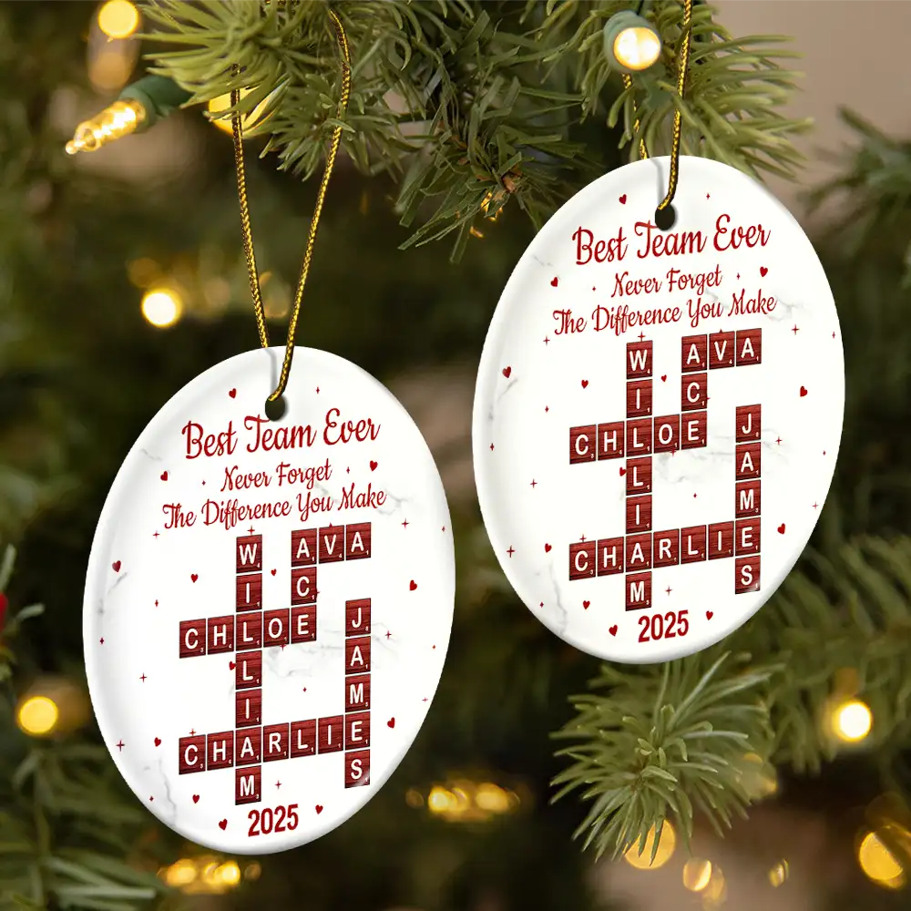Crossword Best Team Ever - Personalized Circle Ceramic Ornament - Image 3