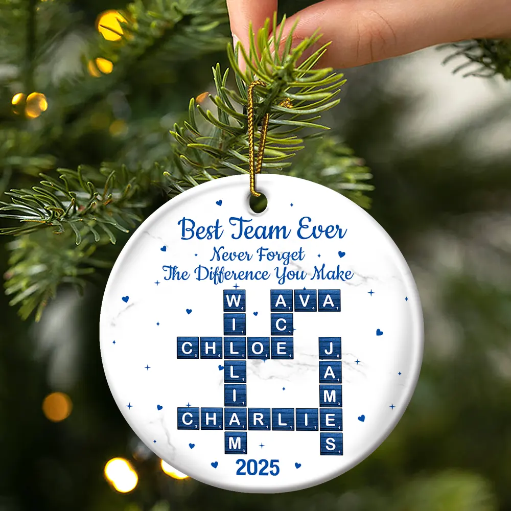 Crossword Best Team Ever - Personalized Circle Ceramic Ornament - Image 4