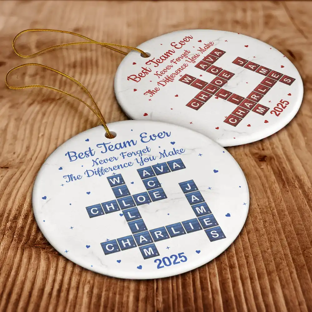 Crossword Best Team Ever - Personalized Circle Ceramic Ornament - Image 7